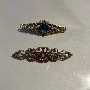 Vintage Brooch Gold Tone pink blue stones Cabochon Open